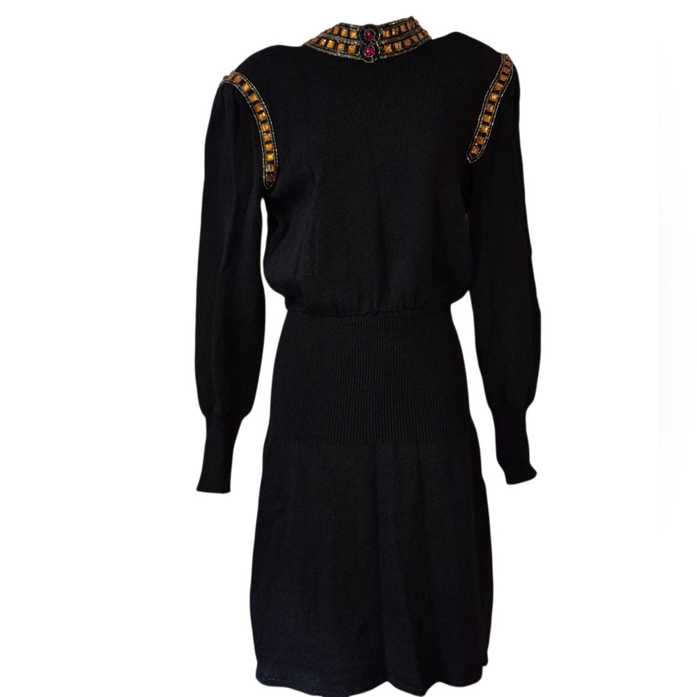 Vintage Lillian Rubin High Neck Knit Black Dress Small